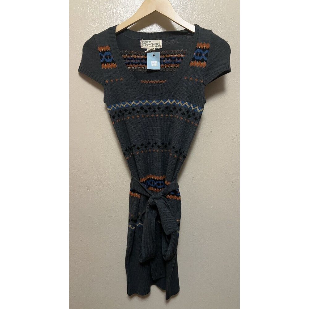 Flying Tomato Sweater Tunic Dress Fair Isle Cap Sleeve Waist Tie Women's S‎ NWT